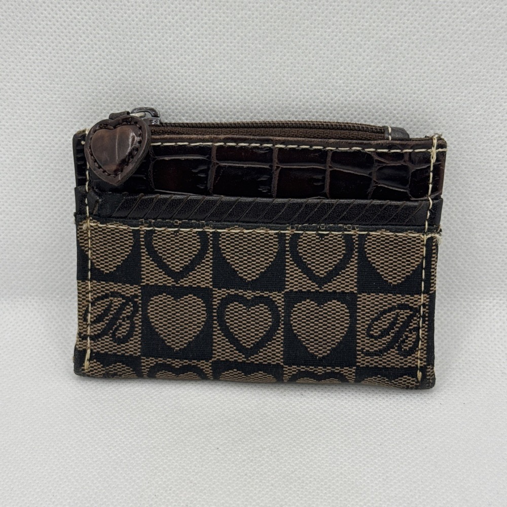 Brighton Coin Change Purse Pocket Card Holder Brown Heart Canvas/Leather Zip 4x3